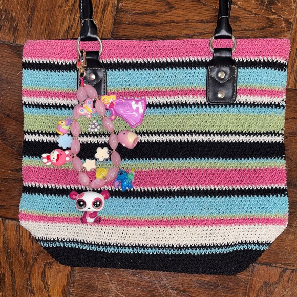 Striped vintage Multicolor Tote Bag with Black Handles - Picture 3 of 8